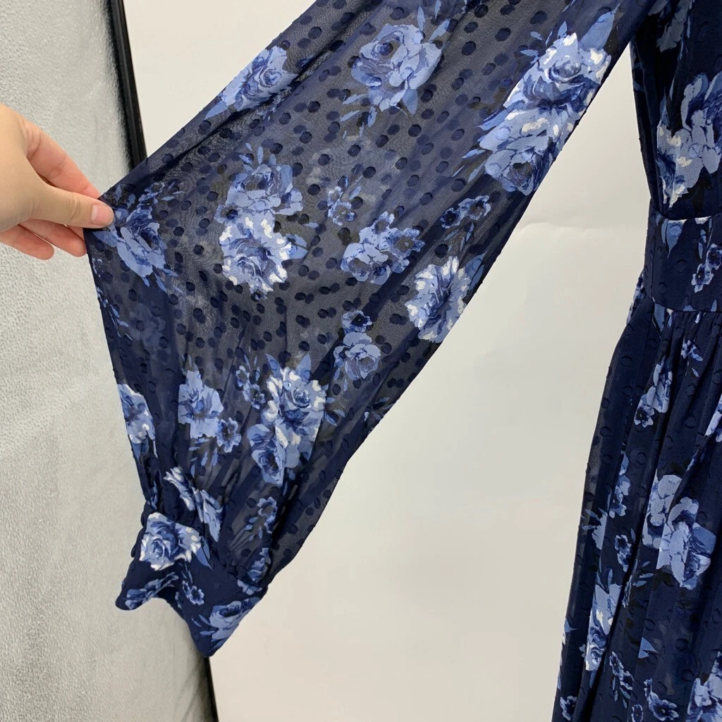 Abito donna Kate Spade 12 volant seta blu navy floreale maniche trasparenti a strati midi