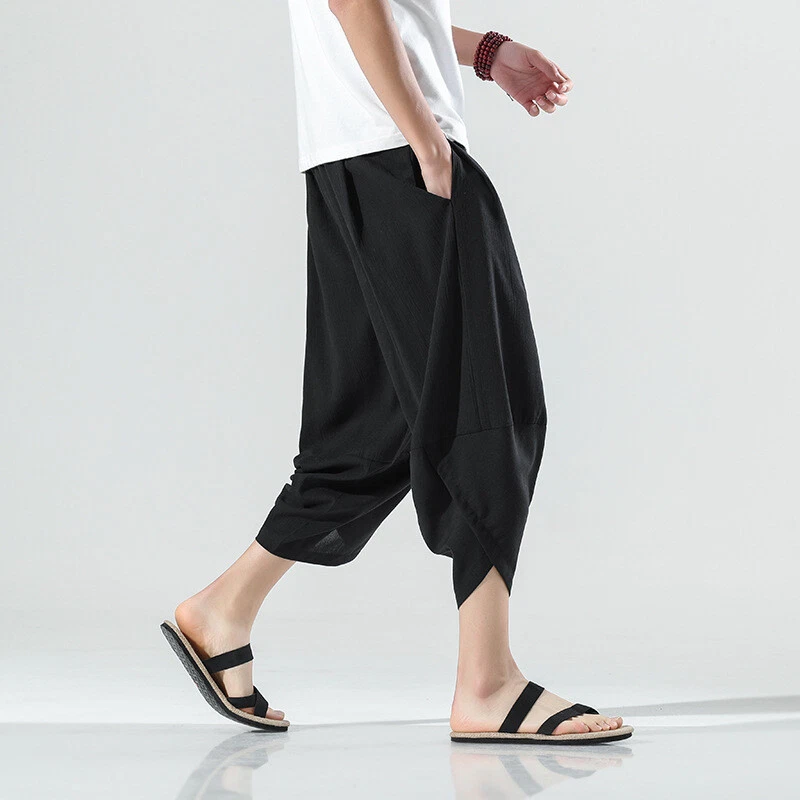 Men's Pants Chinese Style Linen Loose Large Size Haren Pants Cropped Trousers - Image 2 of 4