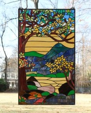 Tiffany Style Stained Glass Window Panel valley view, 20" x 33.75"