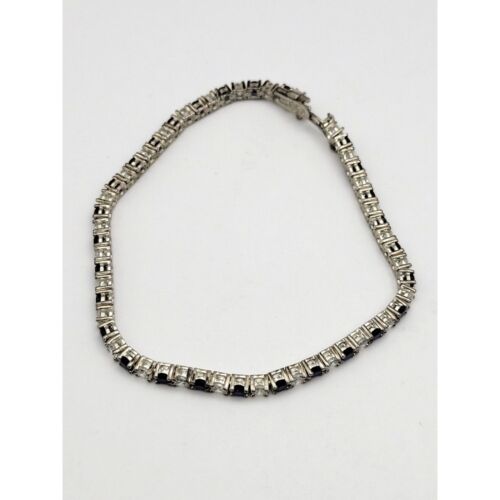 Elegant Silver Tennis Bracelet With Blue & Clear Stones 7 3/4 Inch Dazzler - Picture 3 of 4