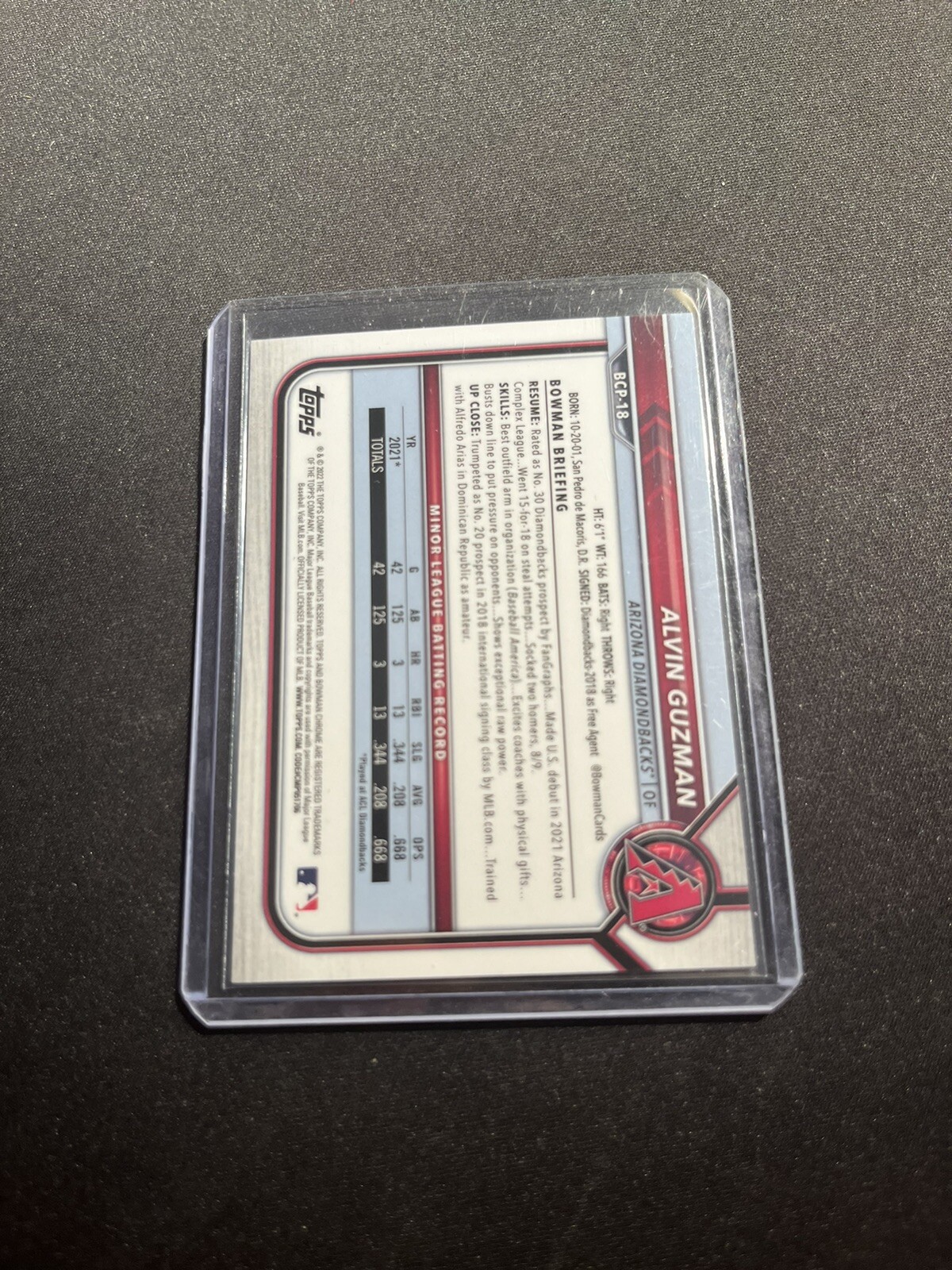 ALVIN GUZMAN 2022 BOWMAN CHROME REFRACTOR LAVA /399 #BCP-18 ARIZONA