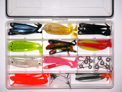 Softbaits 30 Stk.&Jigs Glücksgummi Stint Lieblingsköder Gummifisch Perchbox 