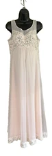 Vtg Pink SHADOWLINE Chiffon Overlay Nightgown Ivory Lace Sweep Long Gown Sz M