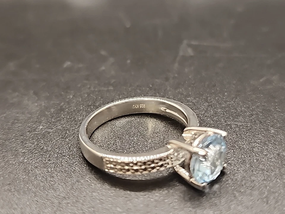 8mm Sky Blue Spinel w/ White Diamond Accents Solitaire Ring Rhodium/925 Size 7 - Image 3 of 4