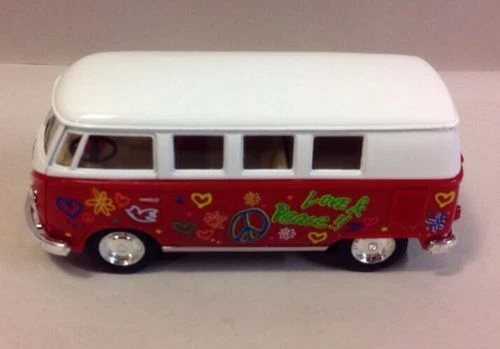 Autobús clásico Volkswagen Kinsmart 1962 5" con calcomanía 1:32 diecast Love Peace rojo Foto 2 de 2
