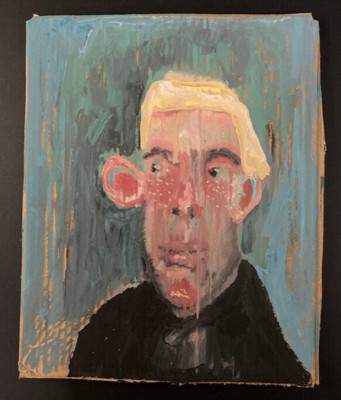 Original Outsider Art Man Naive Primitive Portrait Painting Cartoon Funny Green