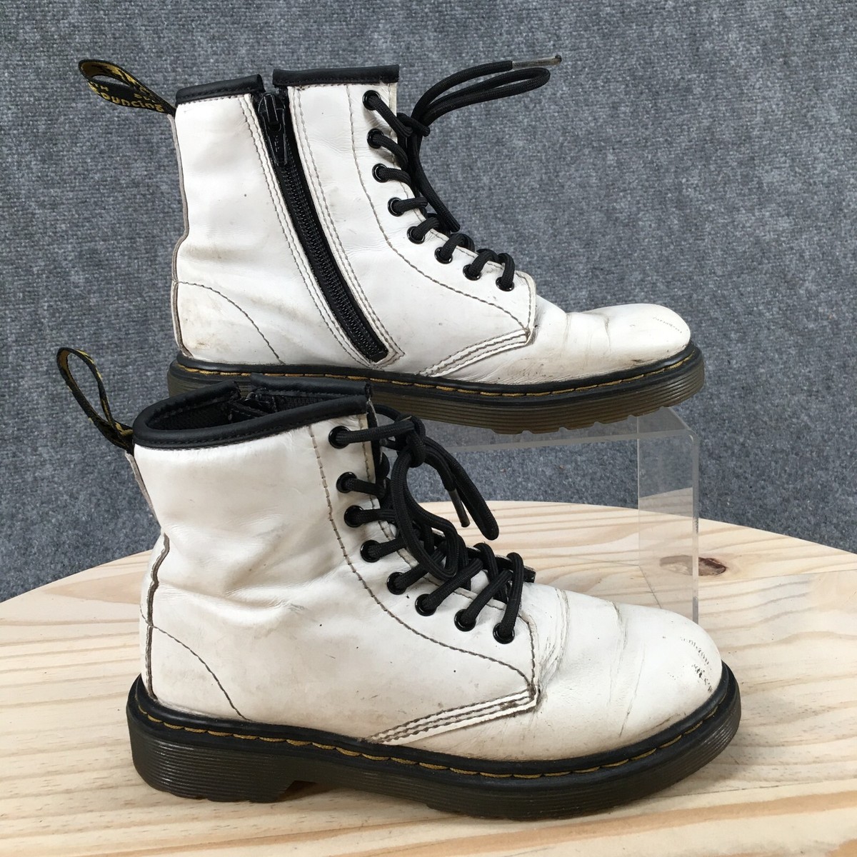 Dr Martens Combat Boots Youth Zavala J White Leather Round Toe Lace Up  1460