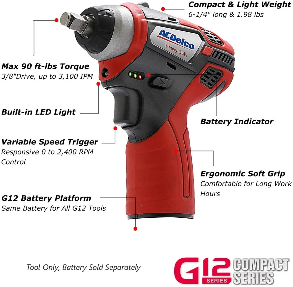 ACDelco G12 series 12V 3/8" Ratchet & Impact Wrench Combo Kit ARW1209-K14 - Image 4 of 4