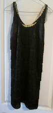 Black Fringe 20's Flapper Dress Size 2-3 or Party Costume Gold Sequins Neckline