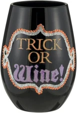 Halloween Wine Glass Stemless “Trick or Wine?” Black Goblet