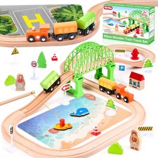 Wooden Train Set 61-Piece for Toddlers Kids Ages 3-8, Double-Sided Expandable...