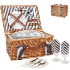 Wicker Picnic Basket Set for 2, Insulated Cooler, Plates, Utensils, Wine Glasses
