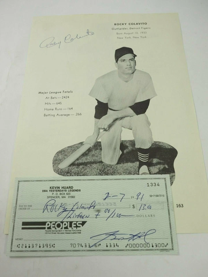 Página de estadísticas fotográficas autografiadas de los Tigres de Detroit de Rocky Colavito y verificación respaldada Foto 2 de 4