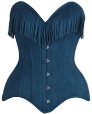 Daisy Corset Top Drawer Blue Faux Suede Steel Boned Overbust Fringe Western NWT