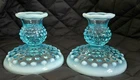 VTG PAIR OF 2 FENTON AQUA OPALESCENT HOBNAIL CANDLESTICK HOLDERS STUNNING! MINT!