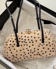 AUTH Chanel 26A Beige Black Polka Dot Haircalf Gold Hardware Top Handle Bag
