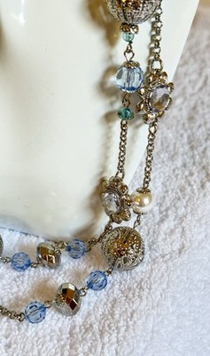 Multi Strand Statement Necklace Lucy and Laurel Blue Crystals Filigree 40  