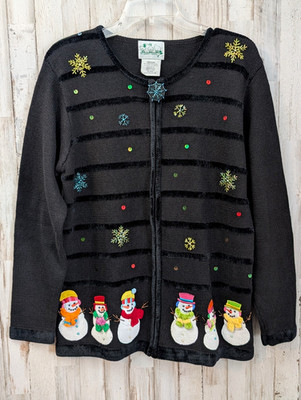 VTG Quacker Factory Christmas Cardigan Sweater Womans M Snowman Embellished Zip