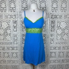 2000's Victorias Secret Blue & Green Lace Slip Sleepwear Nightgown Sz L Fits M