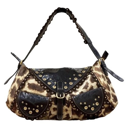 Vintage Roberto Cavalli Studded Baguette Style Leather and Canvas Shoulder Bag