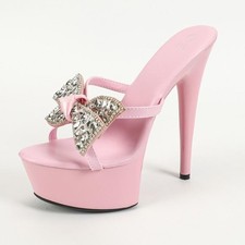 Women's Bowknot Rhinestone Platform Slippers High Heels Stage Club Slide Sandals