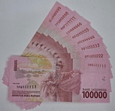 Indonesia Banknotes 100000 100.000 Rupiah 2016 Solid 111111 - 999999 (UNC)-P.160