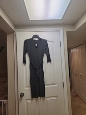 Charcoal Gray V Neck Body Con Dress With Long Sleeves And A Stylish Belt