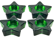 4 VINTAGE THICK GREEN GLASS STAR VOTIVE CANDLE HOLDERS CHRISTMAS HOLIDAY