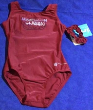 NWT Dark Red Destira Gymnastics Leotard Sz AM Medium Manhattan Classic Scrunchie