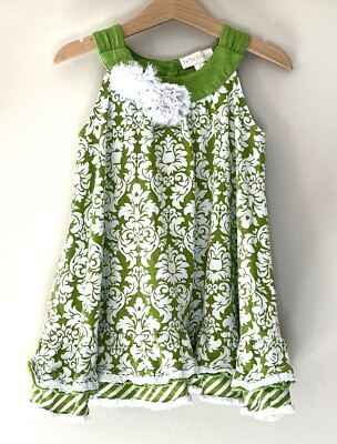 Trish Scully Child Dress Size Green White Jersey Cotton Ruffles