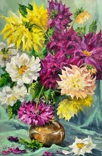 Original Oil Painting Dahlias Flowers Impressionism Autumn Still Life Art 24x16"