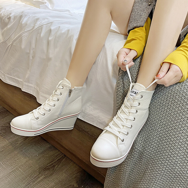 High Top Canvas Shoes Wedges Heel Lace-up Orange Women Plus Size