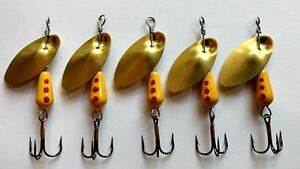fishgrub spinners 5 yellow with black dots with gold blades 5 size 6 1/4 oz