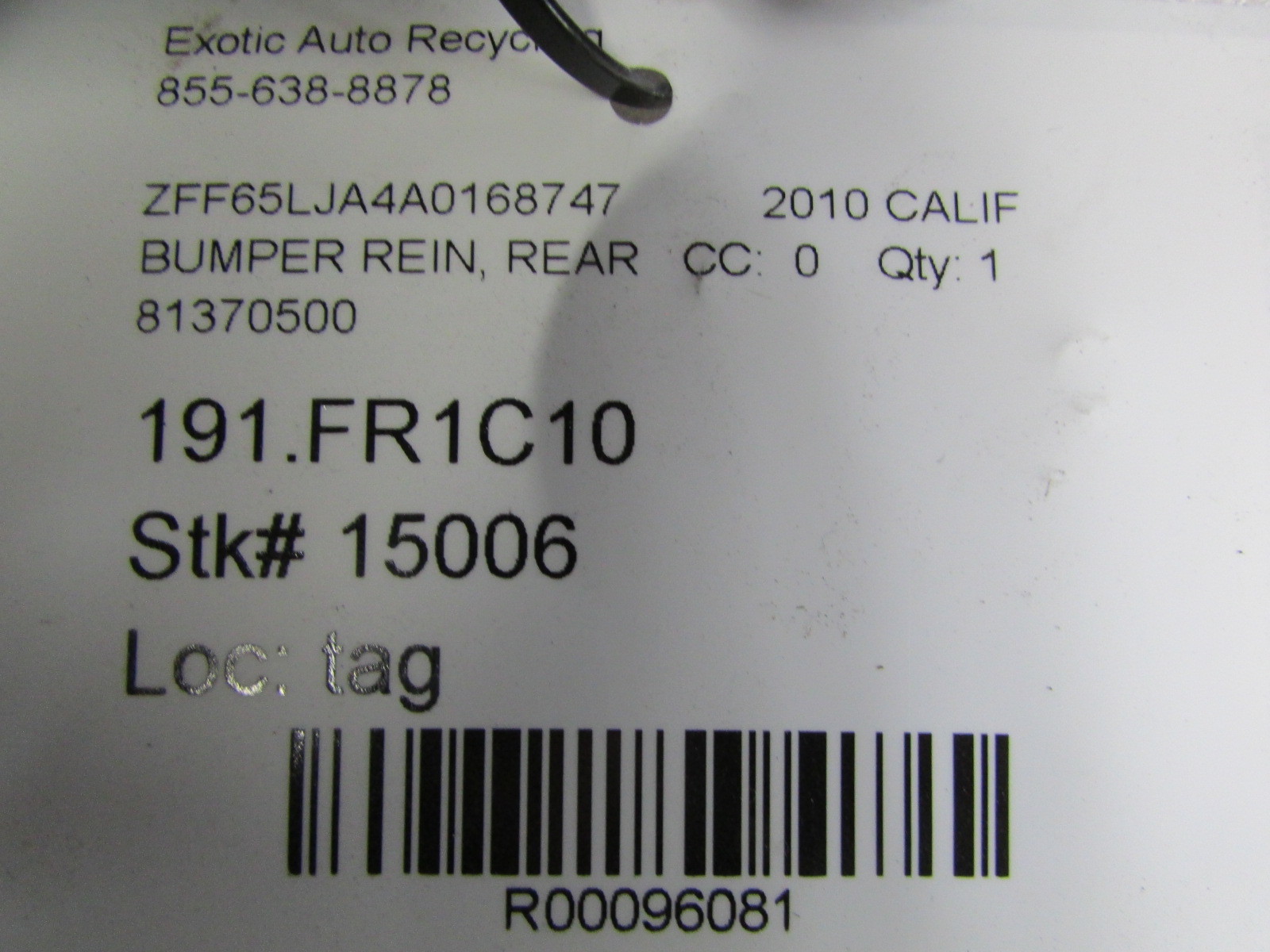 Ferrari California, Rear Bumper Reinforcement, Used, P/N 81370500