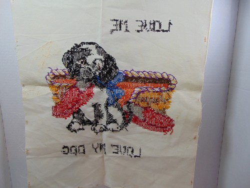 Vintage Completed Cross Stitch "Love Me, Love My Dog" 20"x16" Puppy/Dog Bed/Bow - Picture 6 of 6