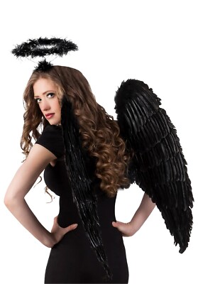 Adult Dark Fallen Angel Feather Wings & Halo Fancy Dress Halloween Costume
