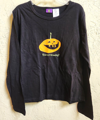 Halloween Pumpkin T Shirt Womens S 4-6 Black Long Sleeve How's It Glowing?
