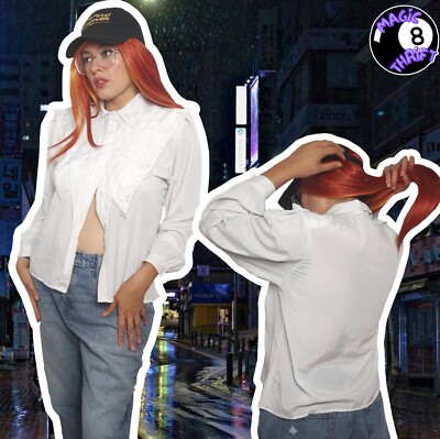80 s era, snow white ''Notation'' long sleeve button down with shoulder pads, 12,L