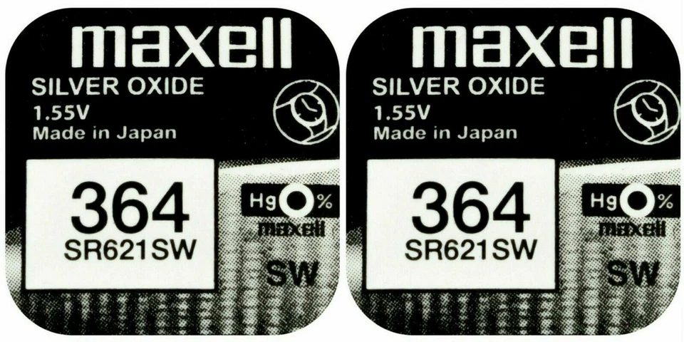 2 x Maxell 364 Pila Batteria Orologio Mercury Free Silver Oxide SR621SW 1.55V