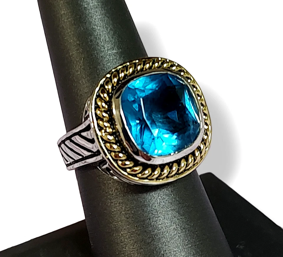 Anillo de sello azul tono oro y plata de acero inoxidable para hombre talla 7,75 Foto 4 de 4