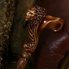 Wood Carved Handcrafted Lion Head Wooden Walking Stick Luxury Collectible Cane