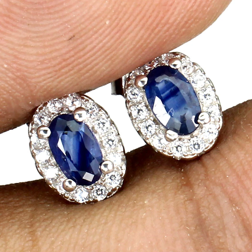 925 Sterling Silver Oval Blue Sapphire 5x3mm Simulated Cz  Earrings - Image 2 of 4
