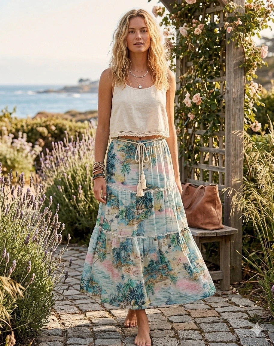 CC California Maxi Skirt Womens S Floral Tiered Prairie Boho Coasta Cottagecore