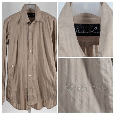Martine Rose Shirt XS Beige Tonal Stripe Embroidered Logo Button Side Vent Italy