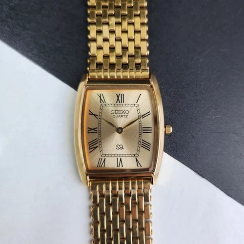 Vintage Seiko Slim Tank Quartz Men Golden Dial Dress Watch-Free Shipping