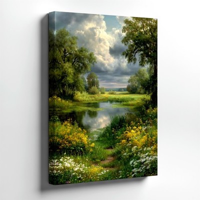 Wall Art Peaceful Lake Landscape Print Floral Meadow Trees Cloudy Sky Decor