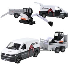 VW T6 Transporter mit Anhänger & Minibagger Modellauto Baustelle 28cm Bulli