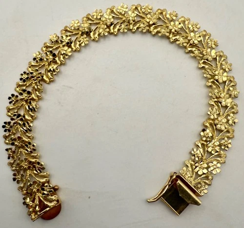 SOLID 14KT YELLOW GOLD DIAMOND CUT FLOWER FLORAL BRACELET 16.3 GRAMS