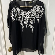 Bob Mackie Wearable Art Size Large Black Embroidered Shirt Top