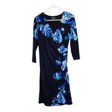 Lauren Ralph Lauren Sheath Dress Sz 2 Ruched Surplice V Neck Stretch Floral Blue
